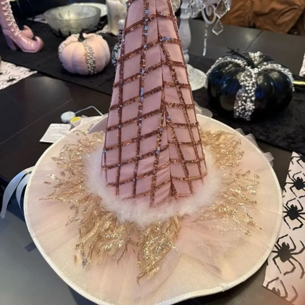Shabby Chic Pink Pastel Halloween Witch Tulle Hat Tree Topper Decor NWT
